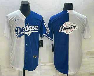 Men%27s Los Angeles Dodgers White Blue Split Team Big Logo Cool Base Stitched Baseball Jerseys